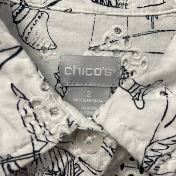 Chico’s Made For Vacation Eyelet Button Down White Black Beach Scene Size 12/14 - Picture 6 of 6